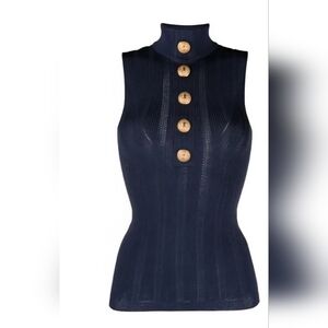 Balmain Blue Fitted Tank Top with Mandarin Collar